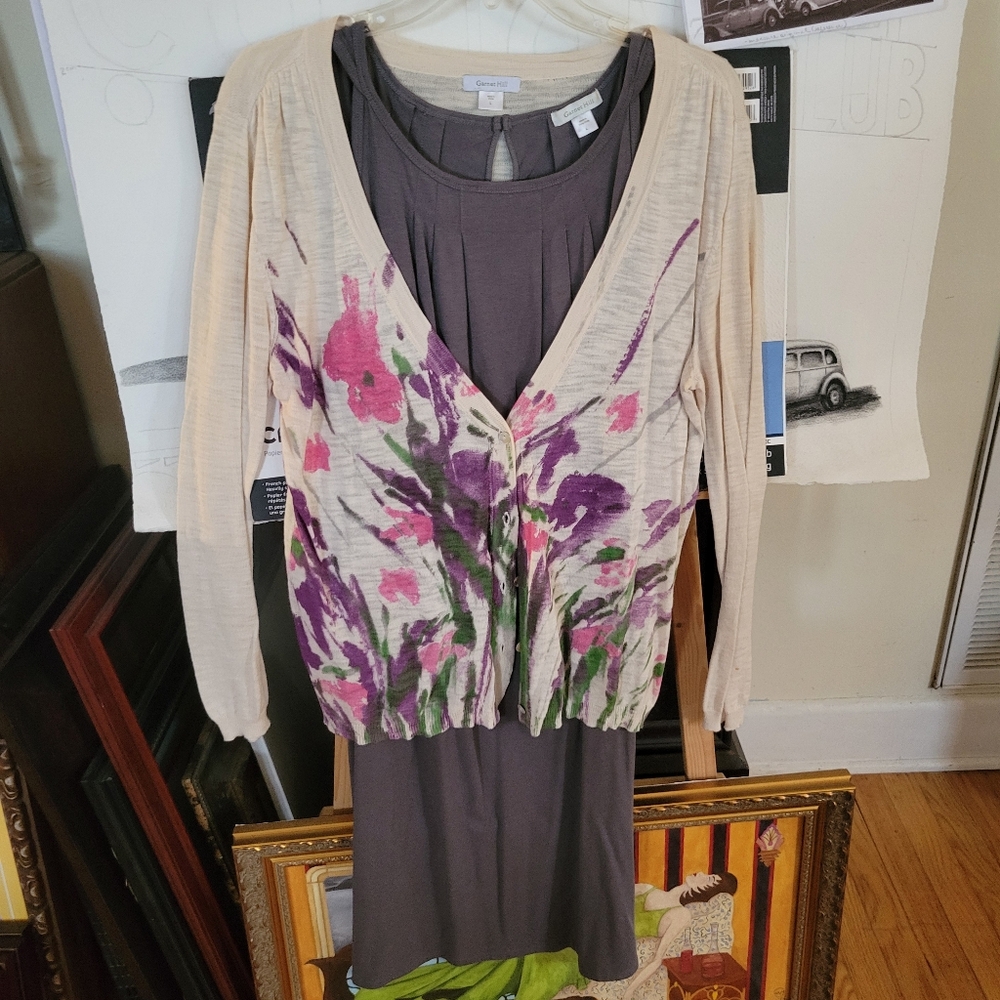Garnet Hill Cream And Purple Knit Top With Dark Gray Sleeveless Dress